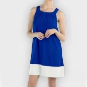 Oleg Cassini Color Block Shift Dress with pleated Neckline .